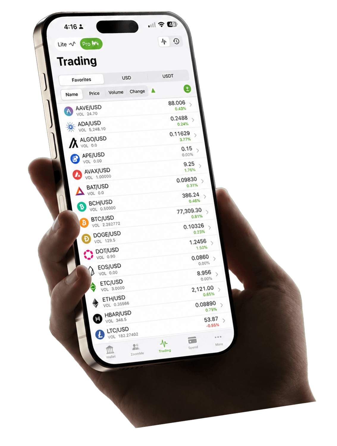 Pantalla de operaciones de la aplicación CoinZoom